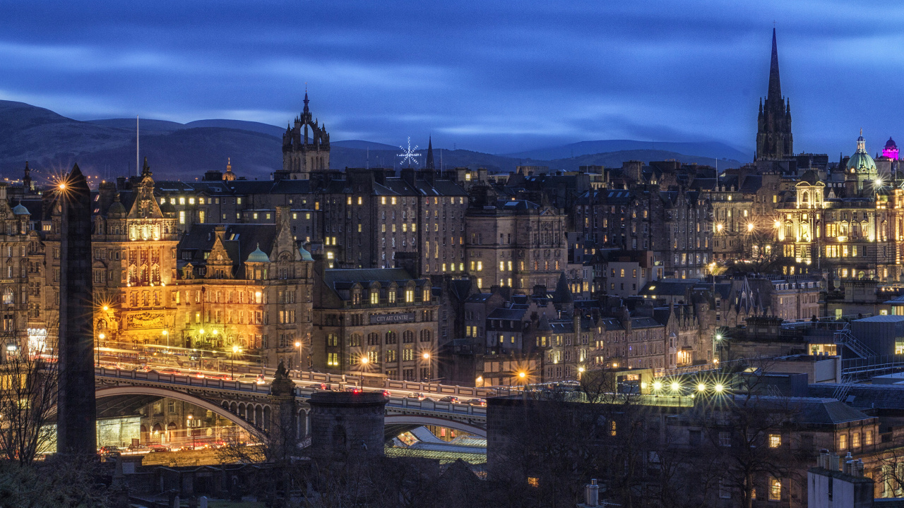 Обои городской пейзаж, Эдинбург, ночь, город, городской район в разрешении 1280x720