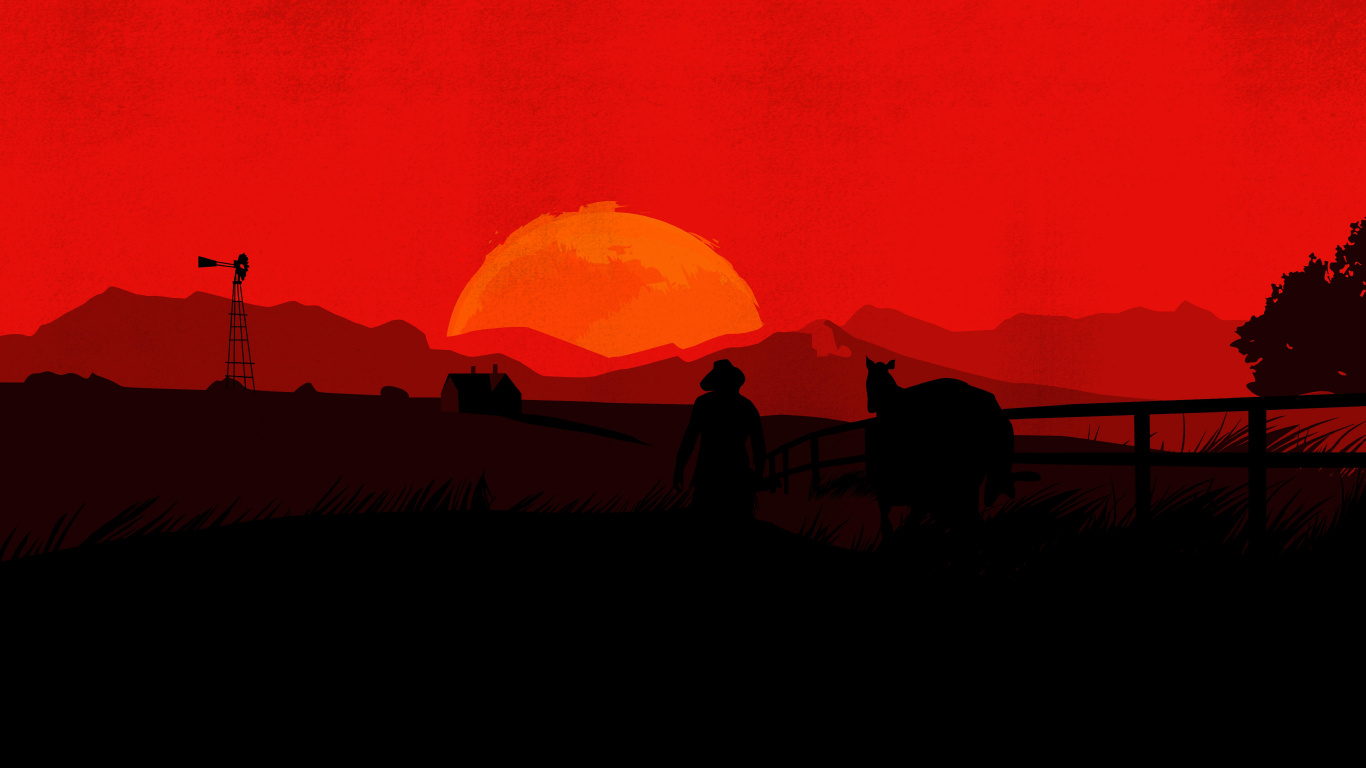 Обои red dead redemption 2, red dead redemption, красный цвет, послесвечение, закат в разрешении 1366x768