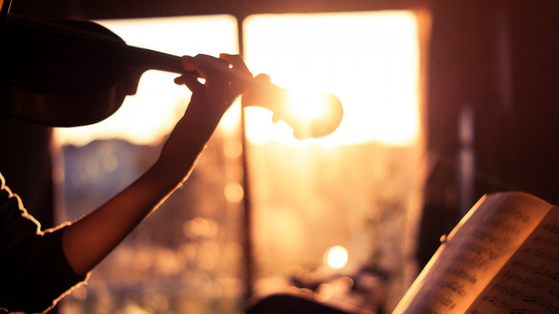 Обои скрипка, свет, солнечный свет, струнный инструмент, ноты в разрешении 1920x1080