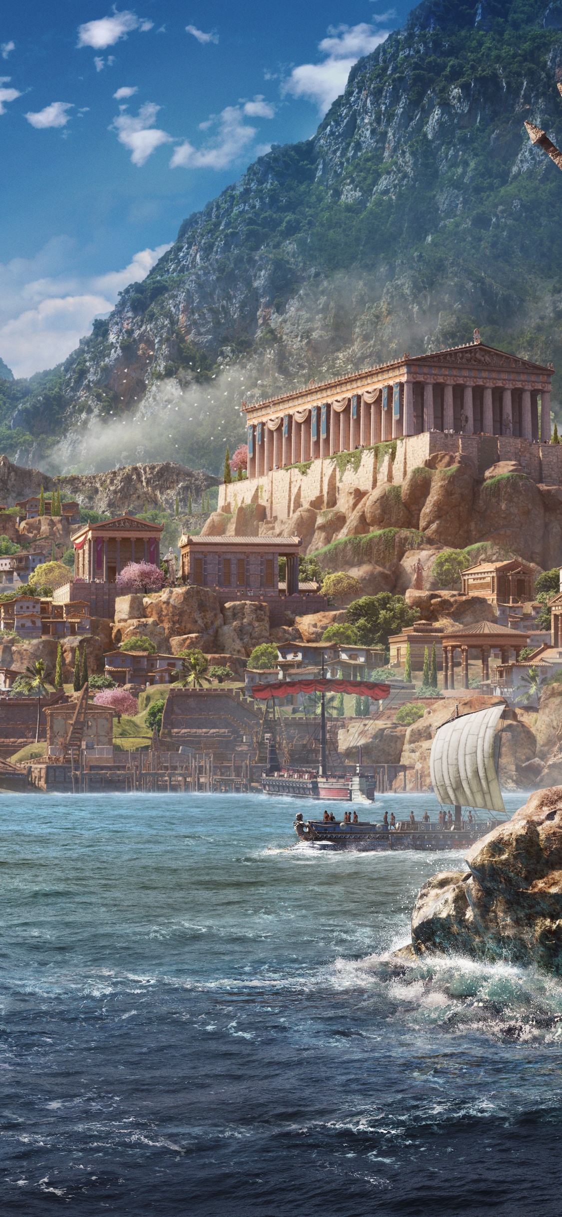 Обои Assassins Creed Odyssey, ubisoft, достопримечательность, гора, видеоигра в разрешении 1125x2436