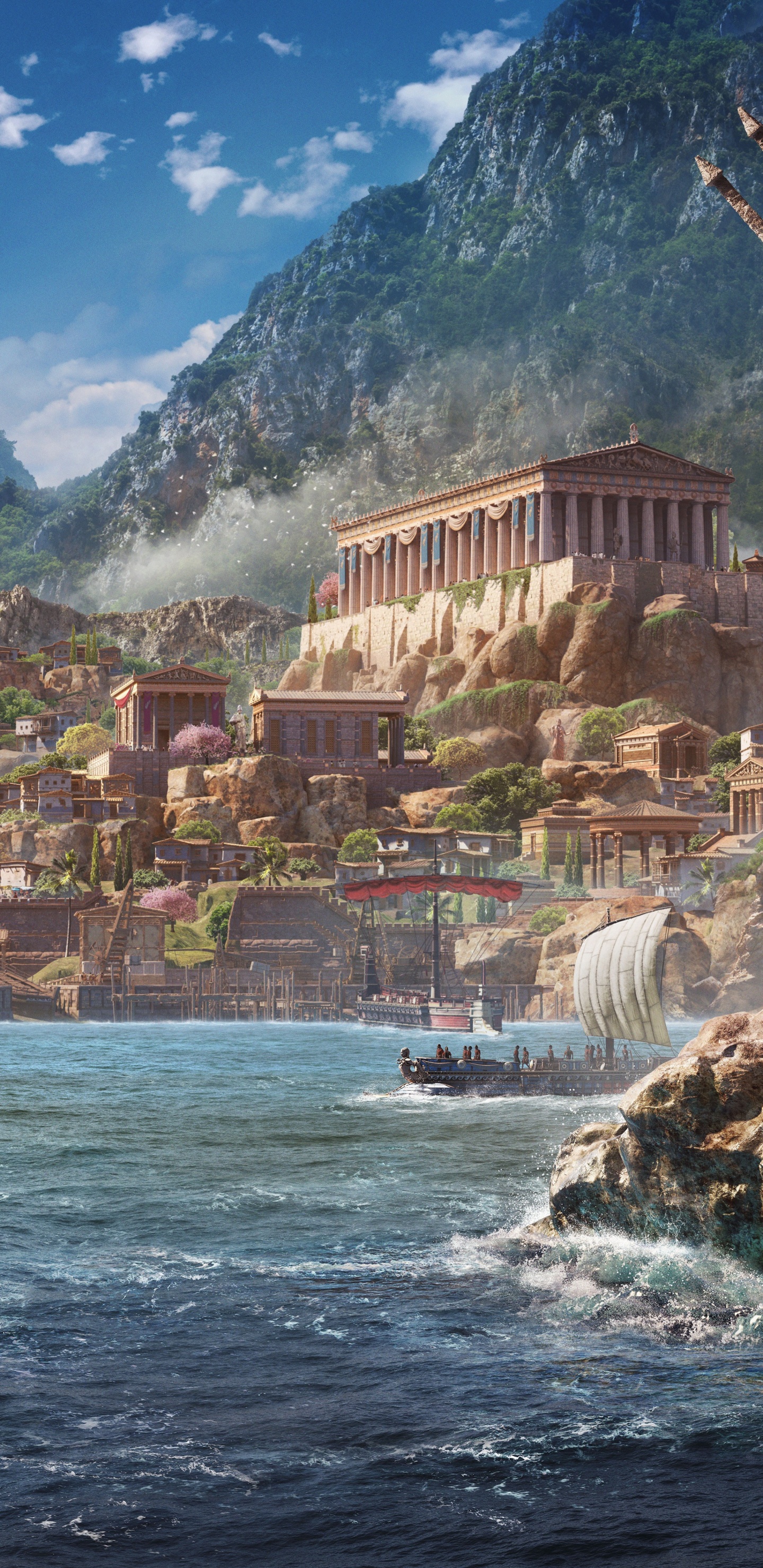 Обои Assassins Creed Odyssey, ubisoft, достопримечательность, гора, видеоигра в разрешении 1440x2960