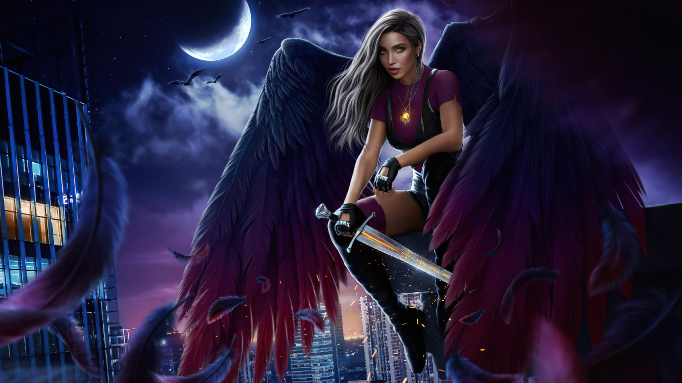 Обои арт, цифровое искусство, свет, пурпур, луна в разрешении 1366x768