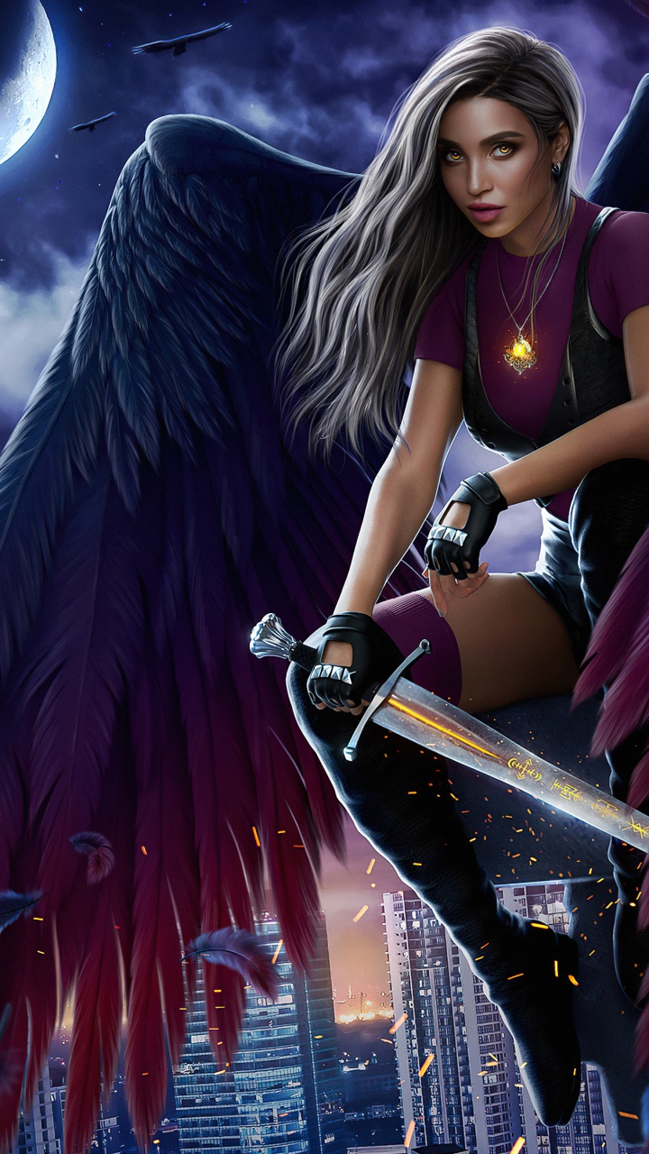 Обои арт, цифровое искусство, свет, пурпур, луна в разрешении 720x1280