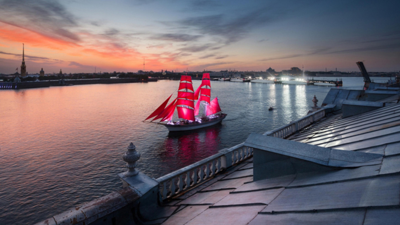 Обои Санкт Петербург, вода, закат, лодка, вечер в разрешении 1366x768