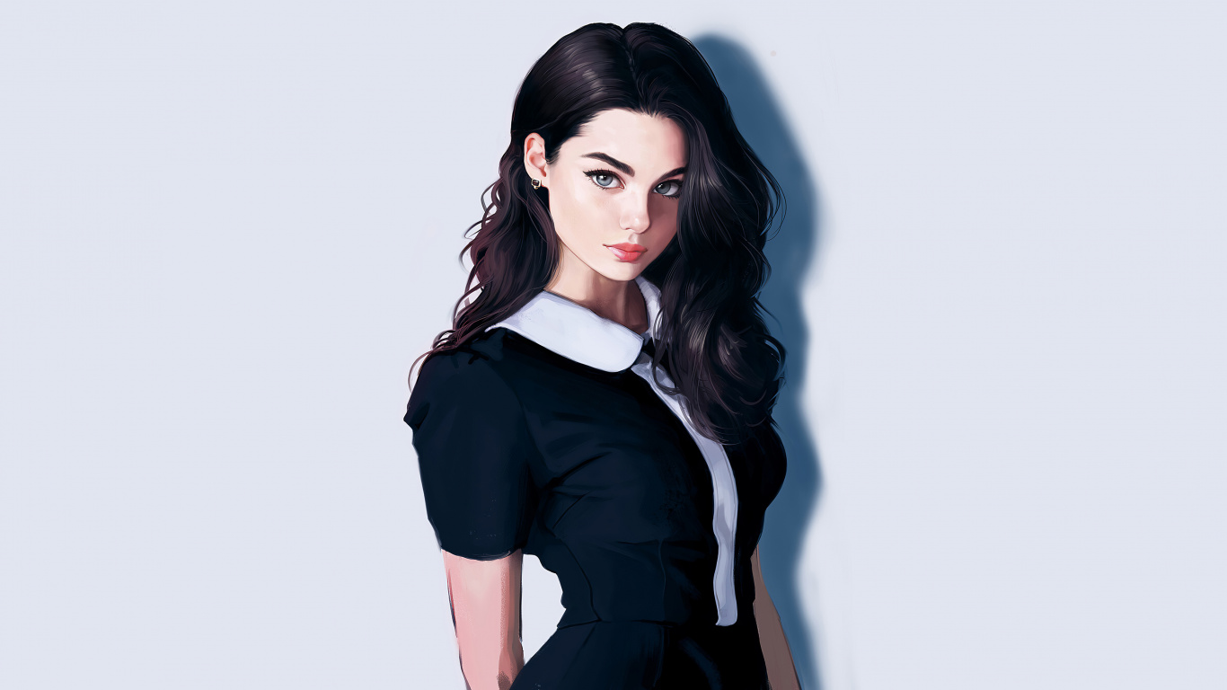 Обои черные волосы цифровое искусство девушка, цифровое искусство, арт, рисование, живопись в разрешении 1366x768