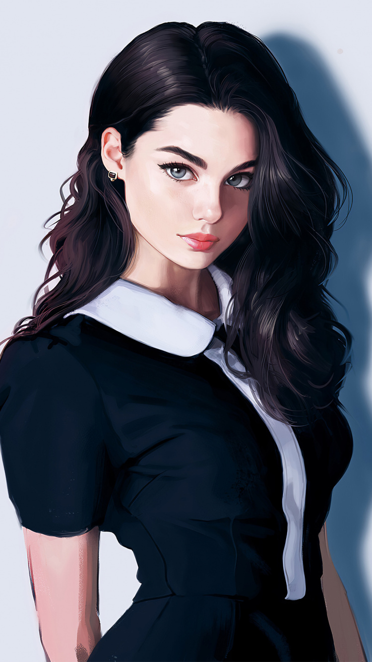 Обои черные волосы цифровое искусство девушка, цифровое искусство, арт, рисование, живопись в разрешении 750x1334