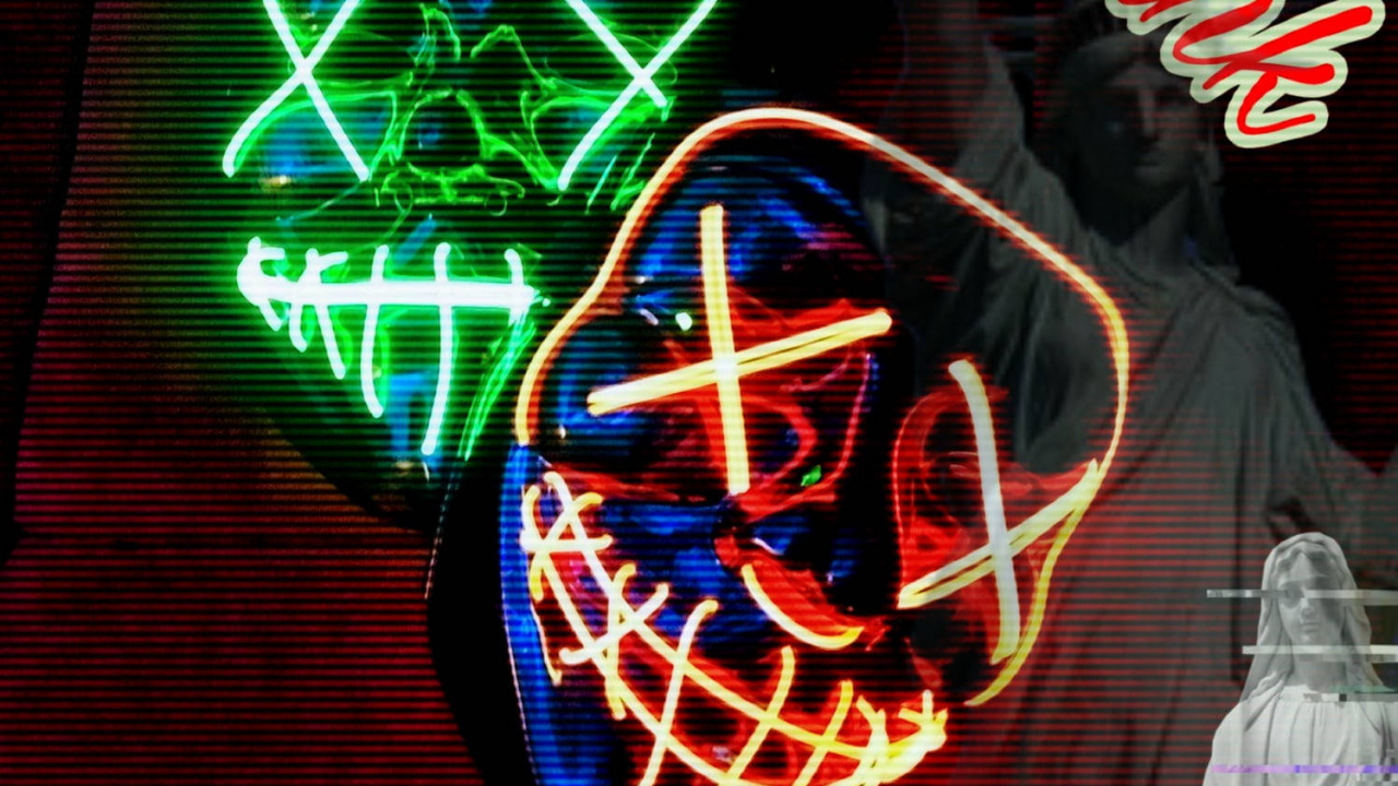 Обои неоновая вывеска, очищающая маска фиолетовая, автомобильное освещение, электронные табло, неон в разрешении 1280x720