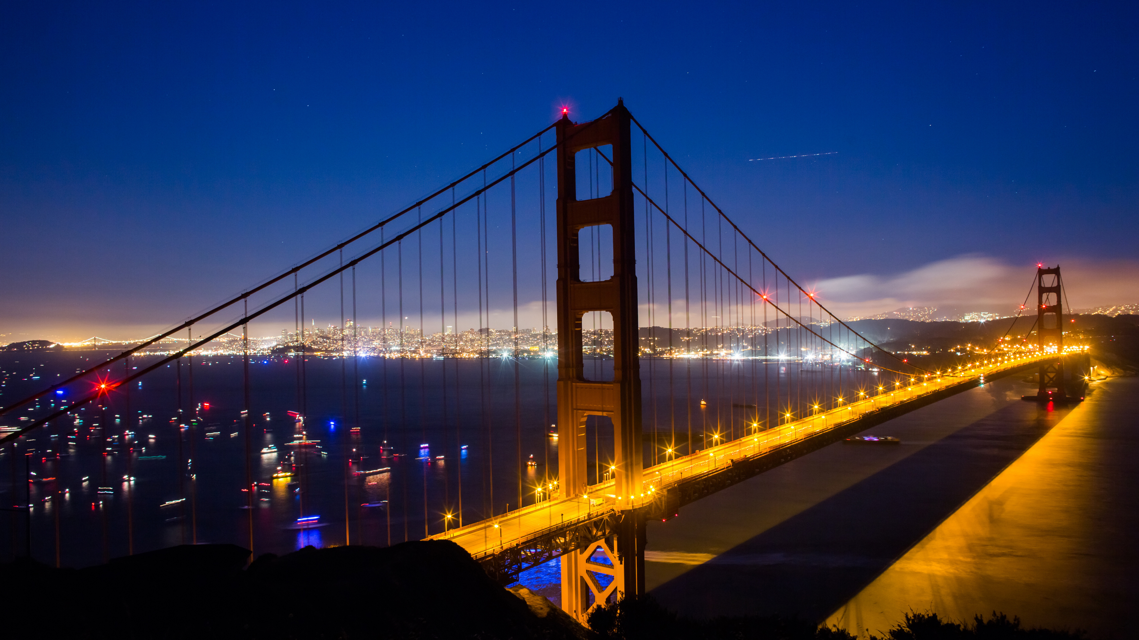 Обои мост Golden Gate, мост, подвесной мост, вантовый мост, ночь в разрешении 3840x2160