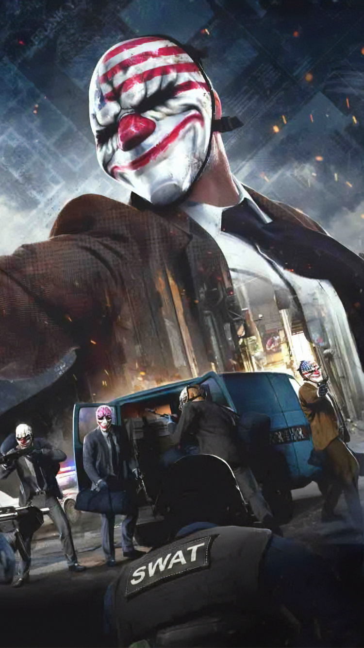 Обои payday 2, Получки Ограбление, студии starbreeze, 505 игр, xbox one в разрешении 750x1334
