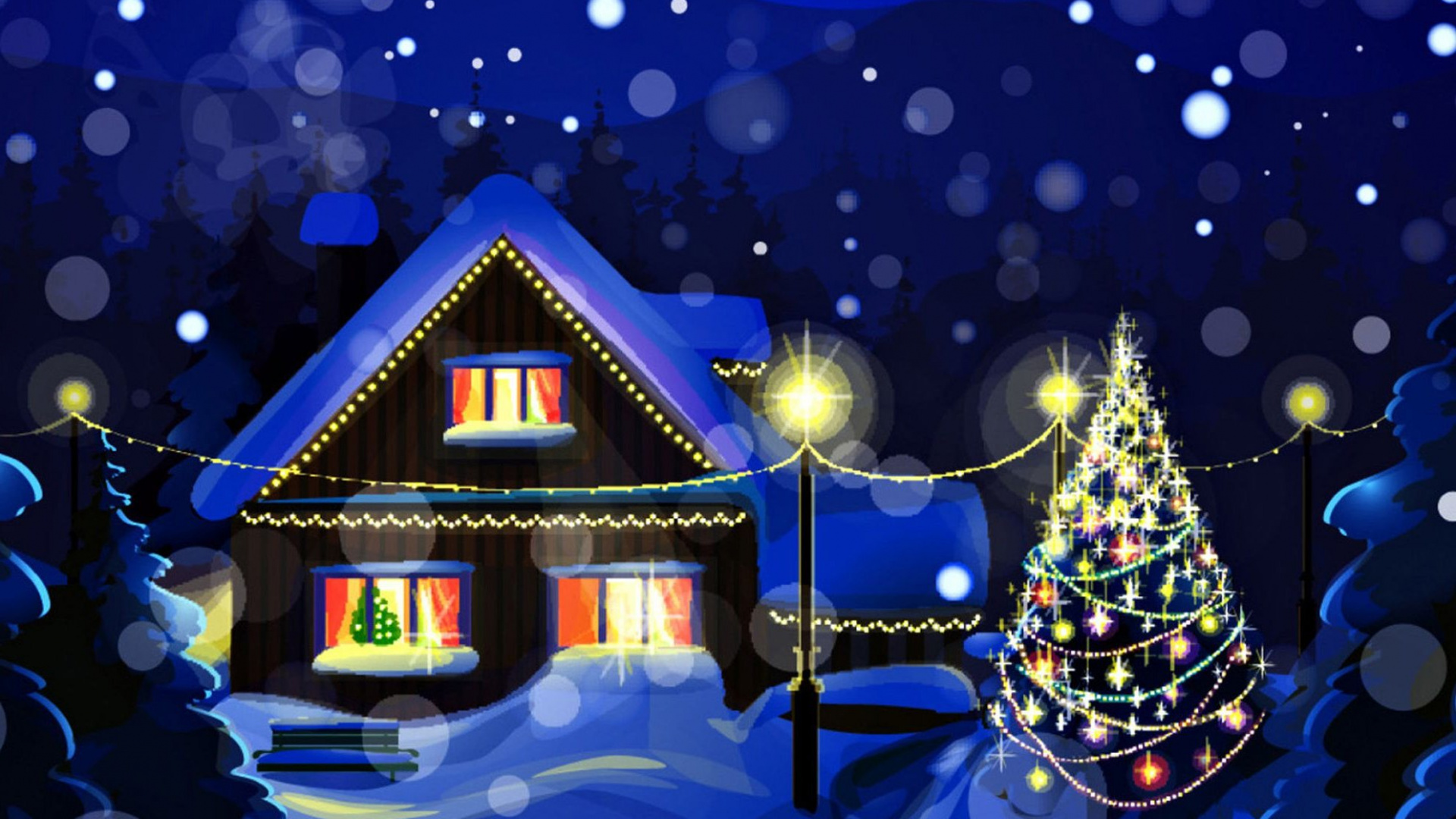 Обои Рождественский день, Рождество, зима, Рождественские украшения, елка в разрешении 1920x1080