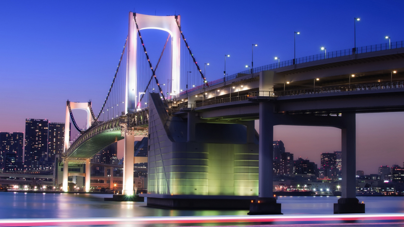 Обои Радужный мост, подвесной мост, мост, вантовый мост, ориентир в разрешении 1366x768