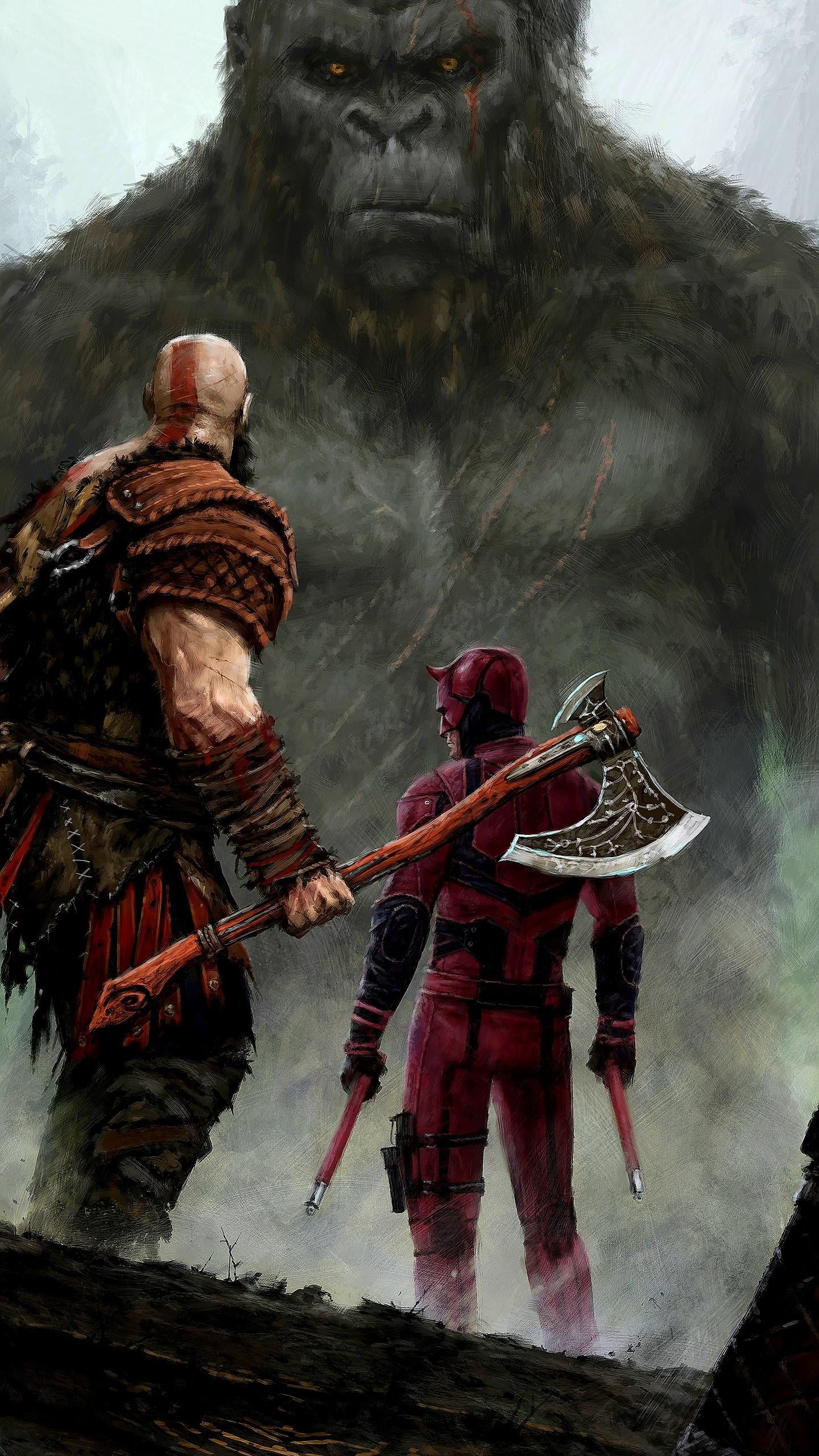 Обои Мэтт Мердок, Карен Страницы, god of war, шлем, военная форма в разрешении 1440x2560