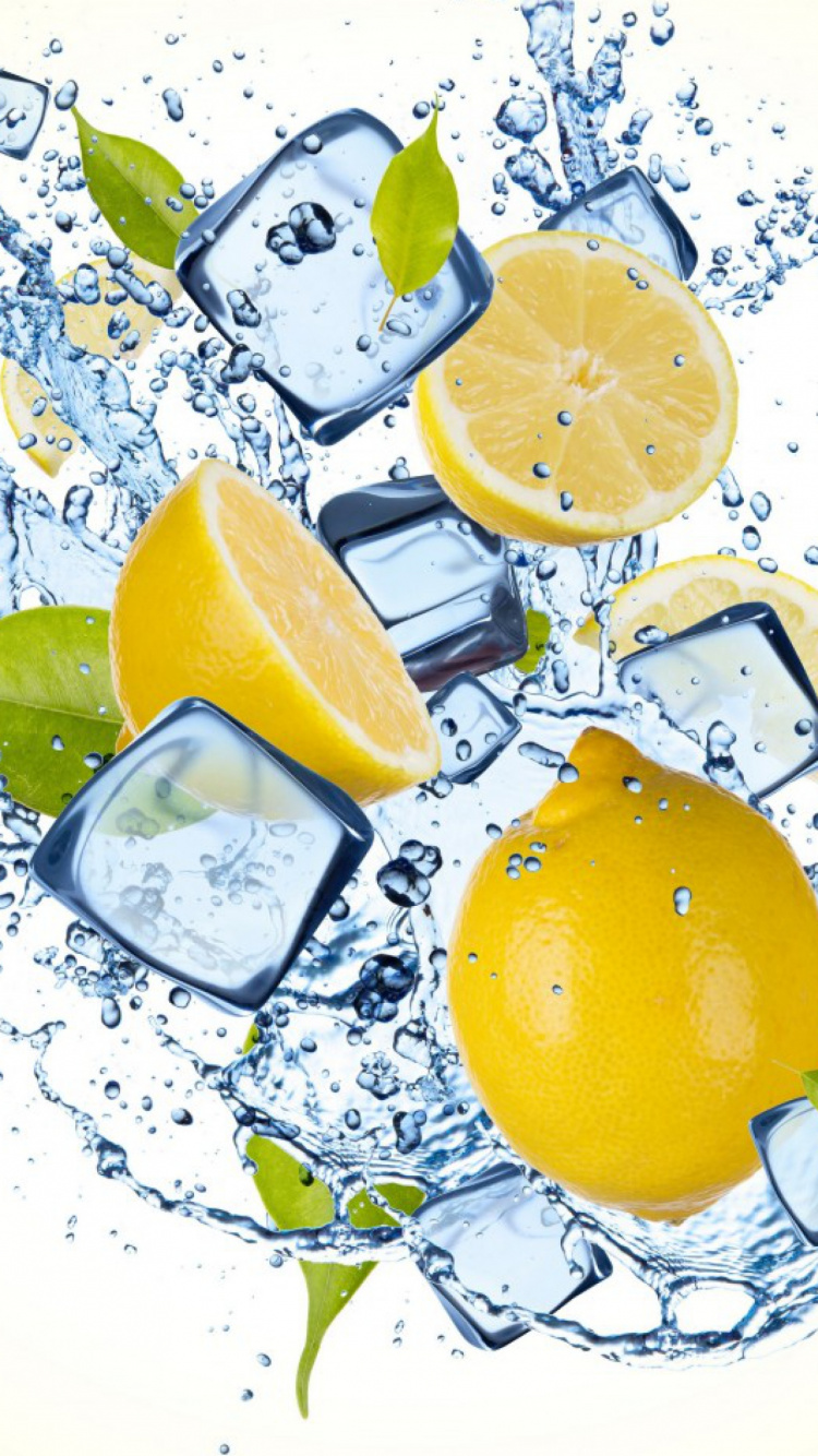 Обои сок, кубик льда, лед, фрукты, желтый в разрешении 750x1334