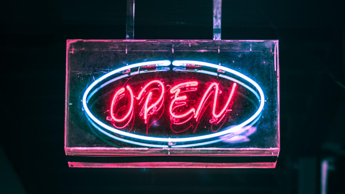 Обои неоновая вывеска, вывеска, неон, свет, электронные табло в разрешении 1366x768