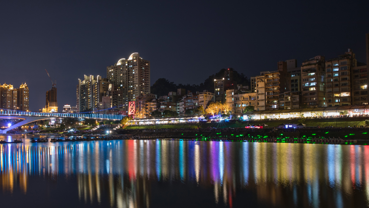 Обои Нью-Тайбэй, Китай, Тайбэй, город, ночь в разрешении 1280x720