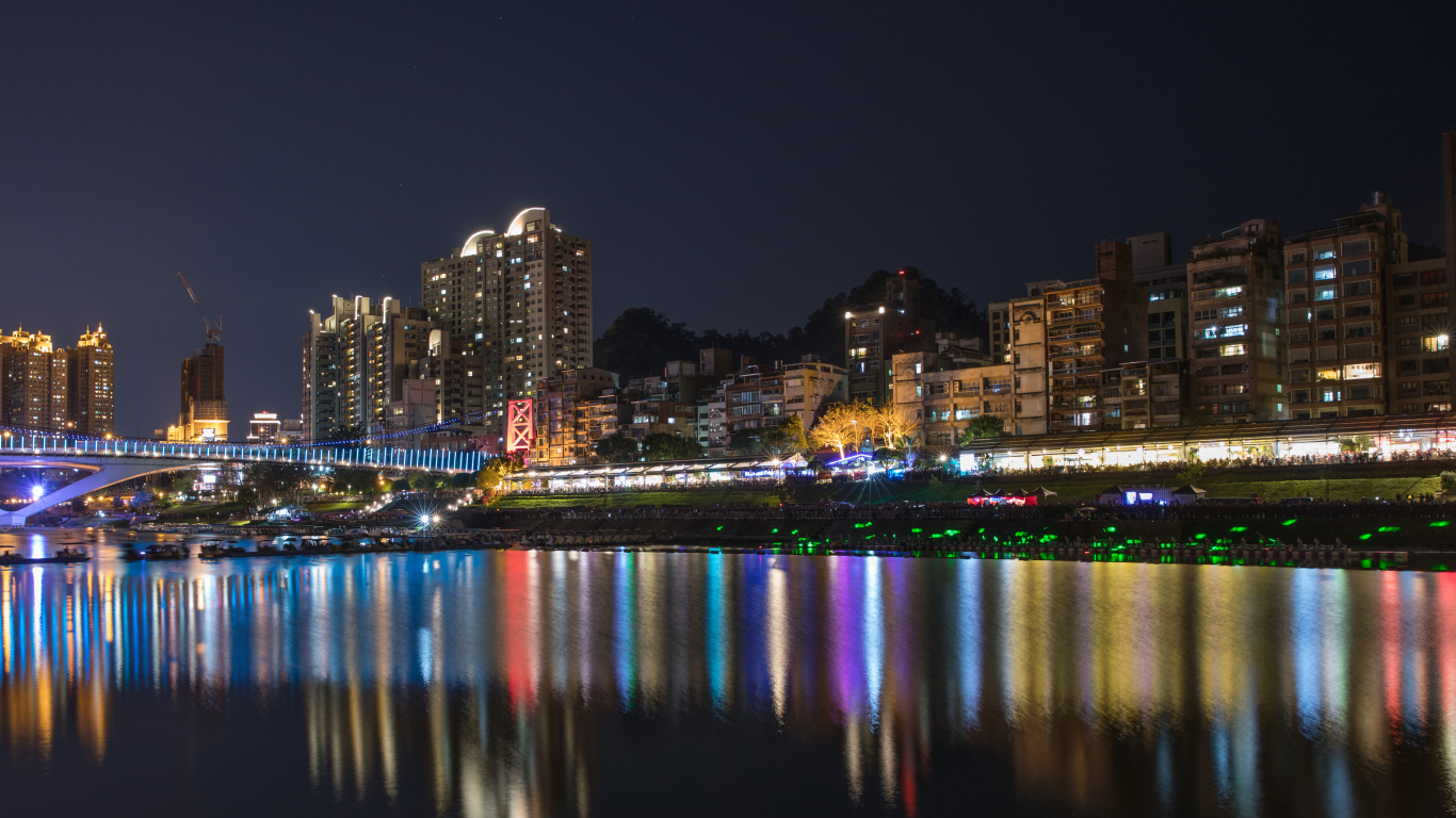 Обои Нью-Тайбэй, Китай, Тайбэй, город, ночь в разрешении 1366x768