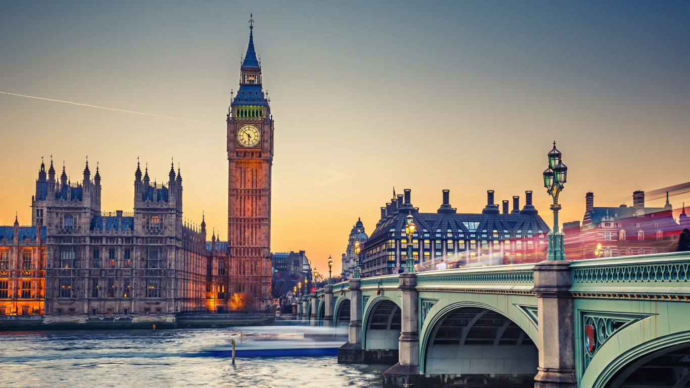 Обои ориентир, город, мост, метрополия, часовая башня в разрешении 1366x768