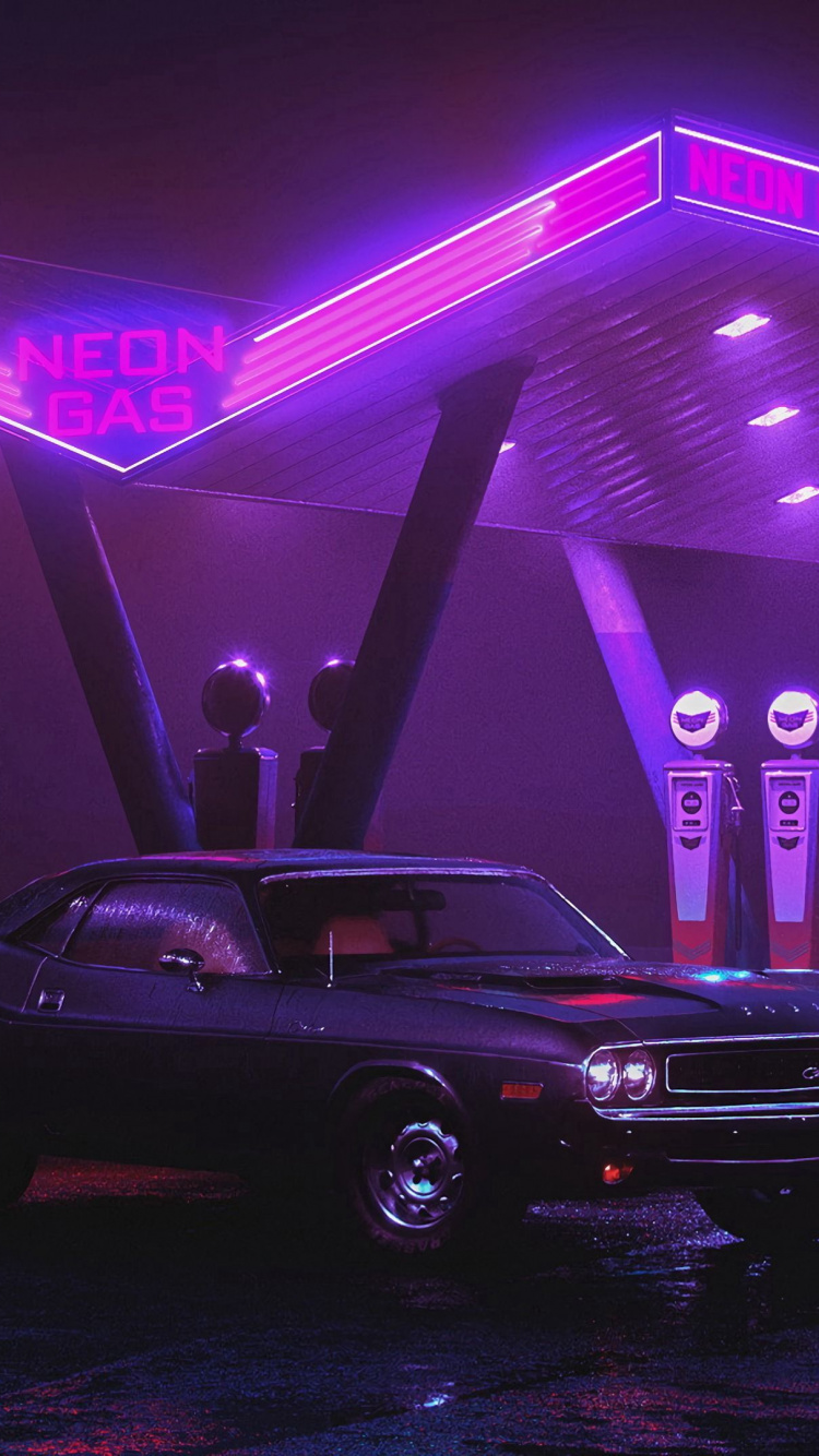 Обои неон, машина, неоновая заправка, Додж Челленджер, Крайслер Неон в разрешении 750x1334