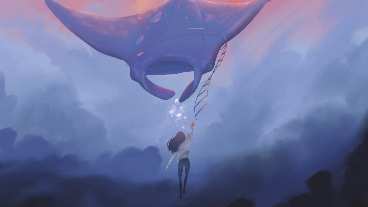 Обои арт, иллюстрация, вода, облако, Дельфин в разрешении 1280x720