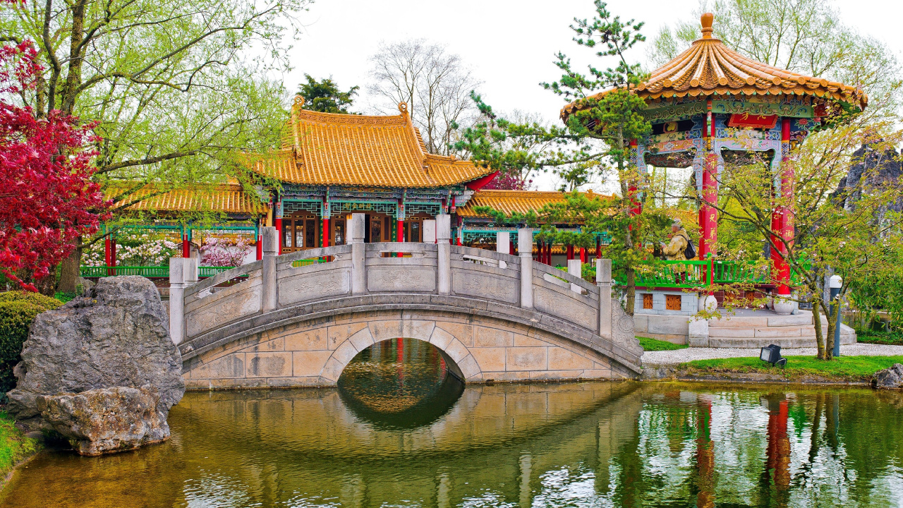 Обои китайский сад, сад, китайская архитектура, вода, пагода в разрешении 1280x720