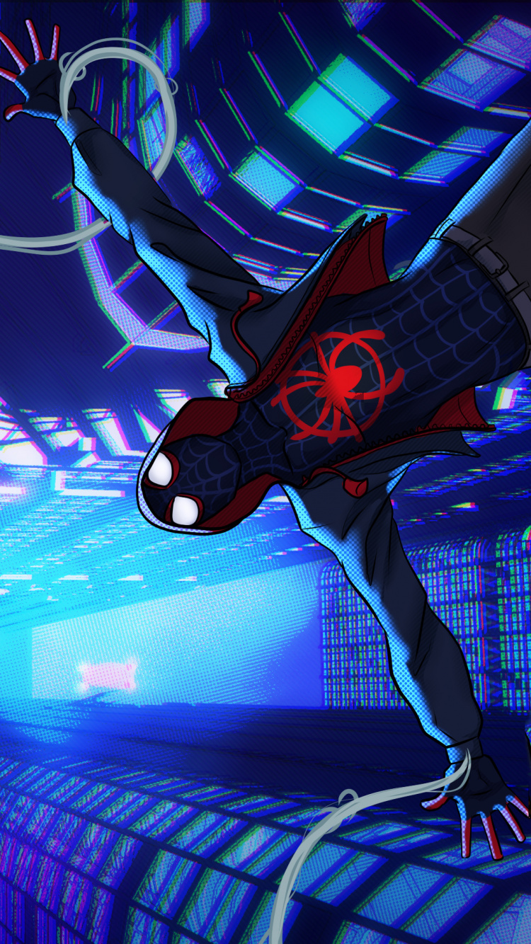Обои человек-паук, Майлз Моралес, синий, свет, графический дизайн в разрешении 750x1334