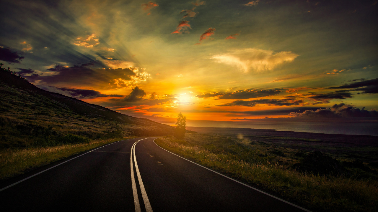 Обои дорога, природа, горизонт, восход солнца, магистраль в разрешении 1280x720