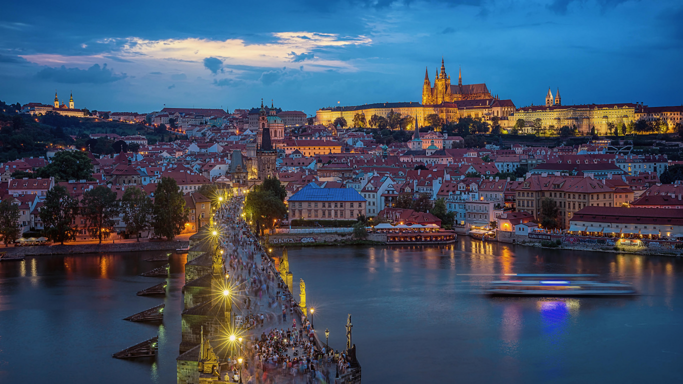 Обои Прага, реки, город, ориентир, городской пейзаж в разрешении 1366x768