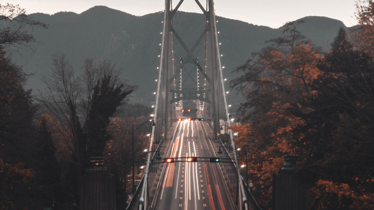 Обои мост Львиные ворота, мост, подвесной мост, ориентир, дорога в разрешении 1280x720