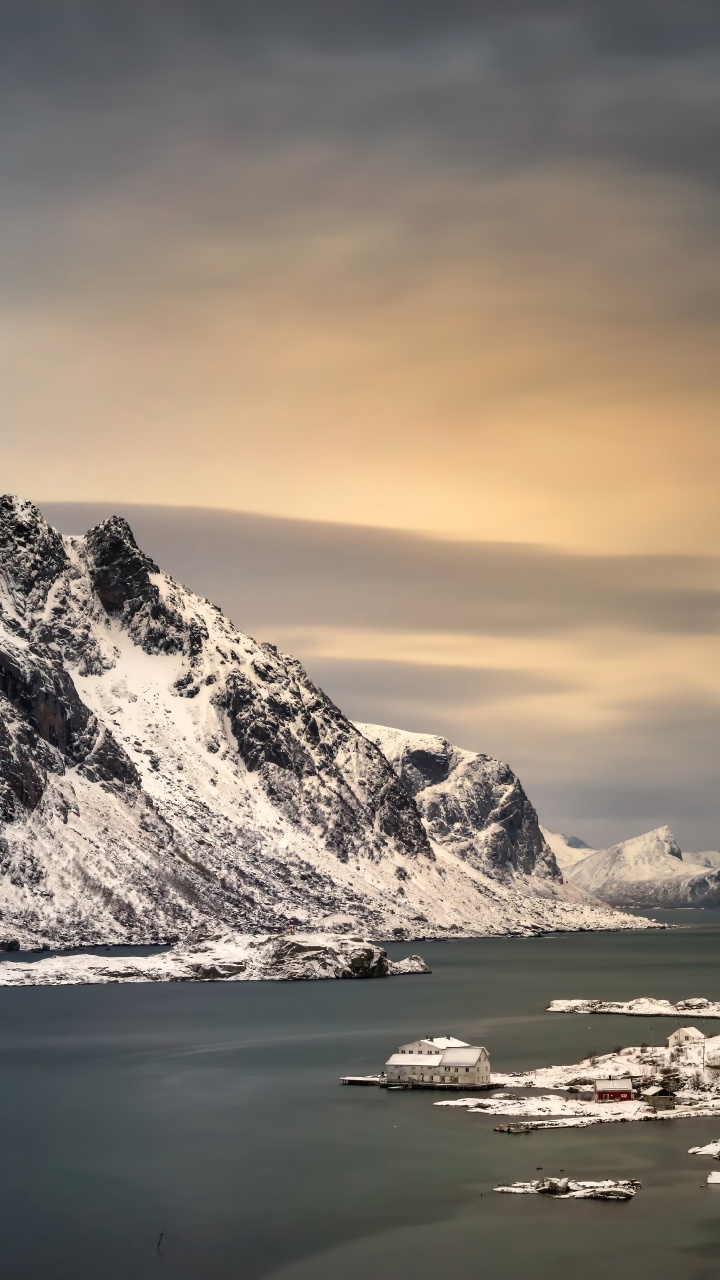 Обои Лофотен, гора, снег, природа, горный рельеф в разрешении 720x1280