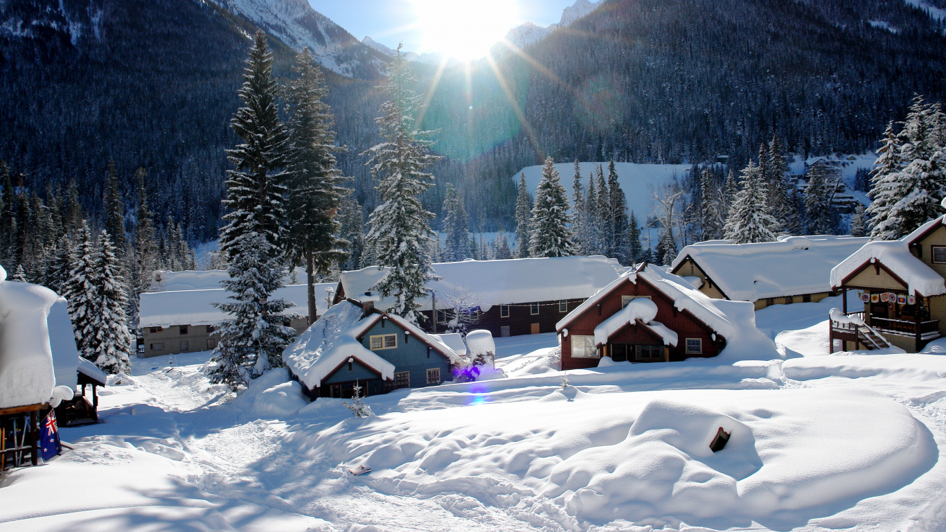 Обои Деревня Холден, горная деревня, снег, зима, гора в разрешении 1366x768