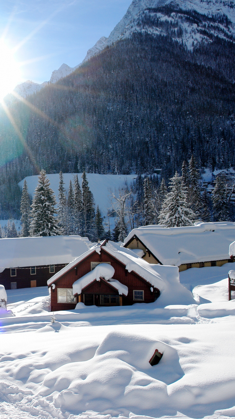 Обои Деревня Холден, горная деревня, снег, зима, гора в разрешении 750x1334