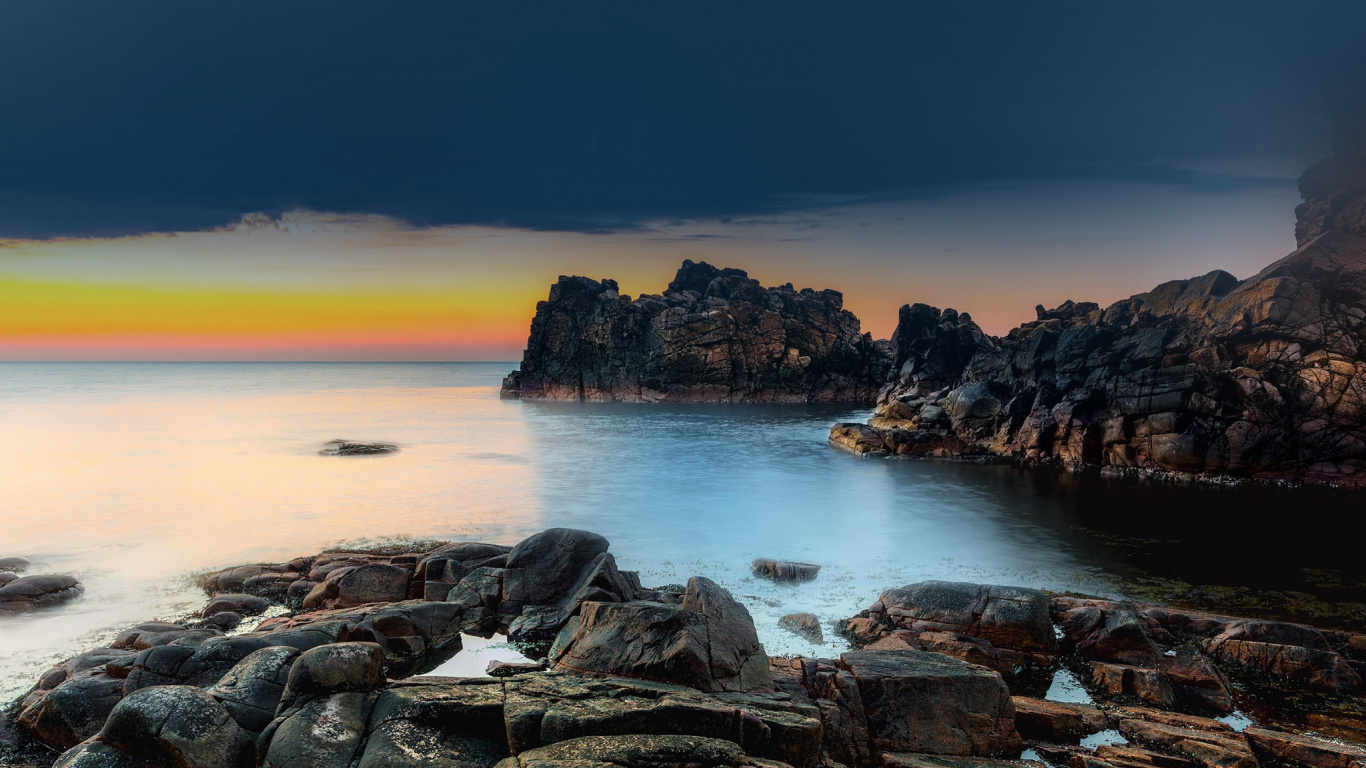 Обои море, закат, побережье, водоем, природа в разрешении 1366x768