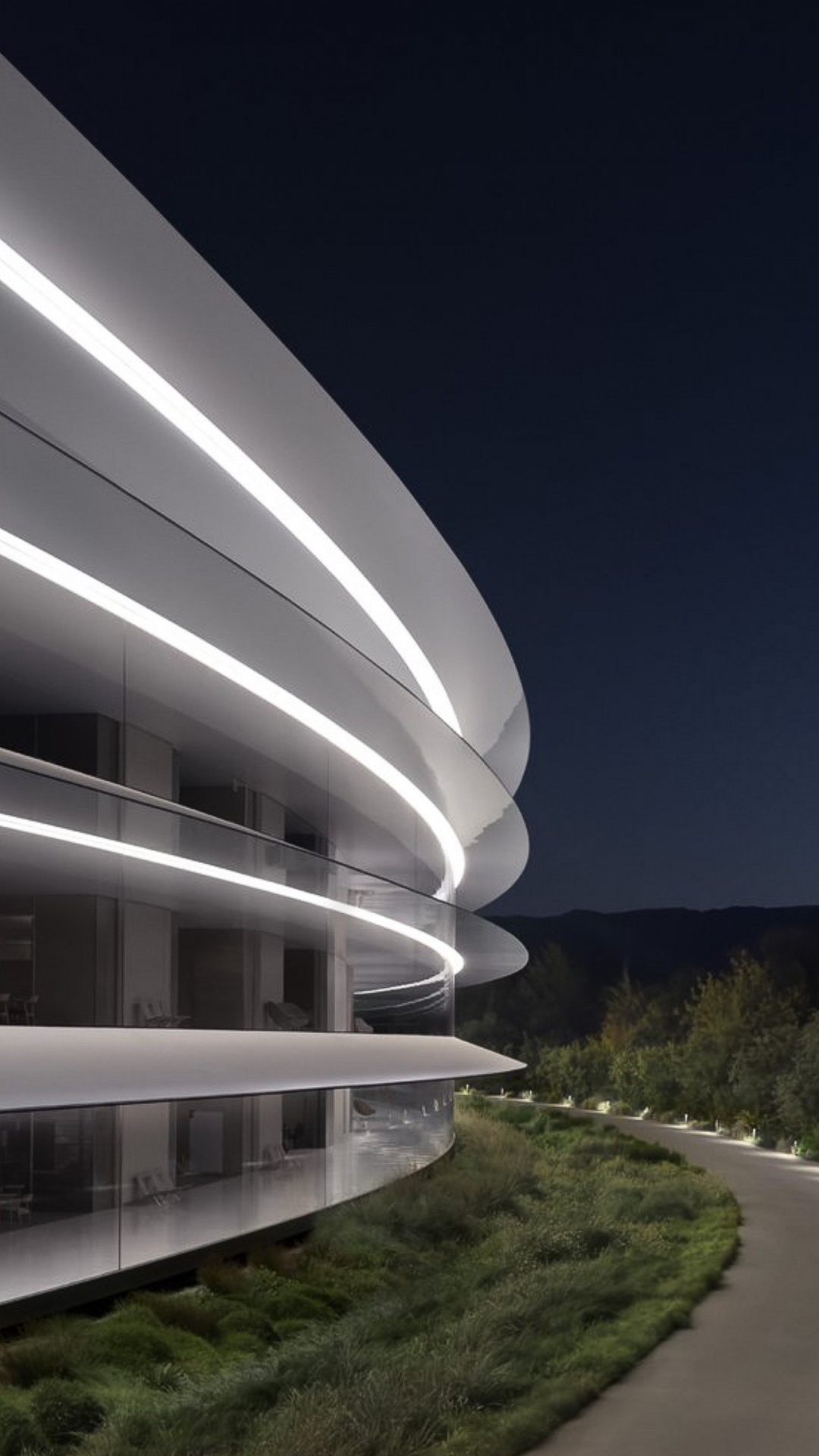 Обои ночь в яблочном парке, Яблочный Парк, Эпл, растение, здание в разрешении 1080x1920