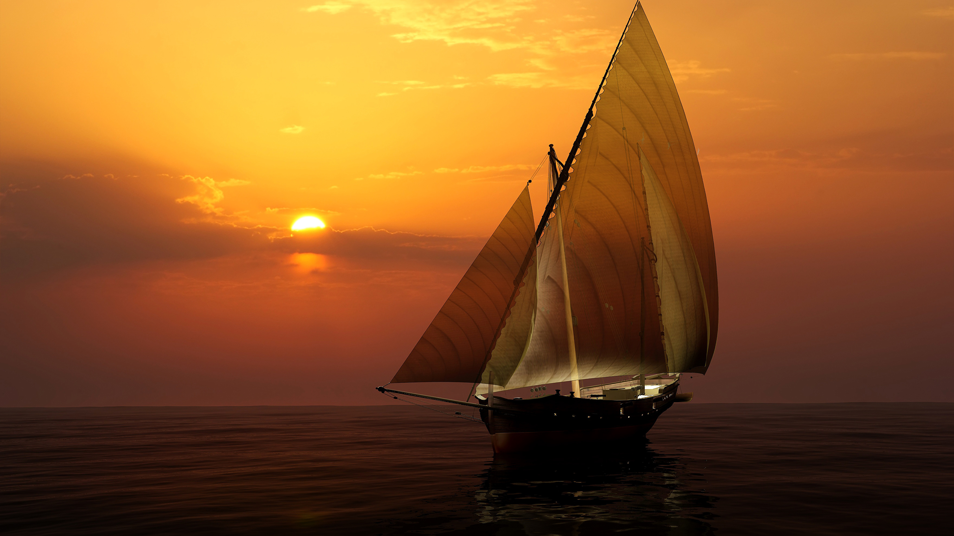 Обои закат, корабль, парусник, парусная шлюпка, мореплавание в разрешении 3840x2160