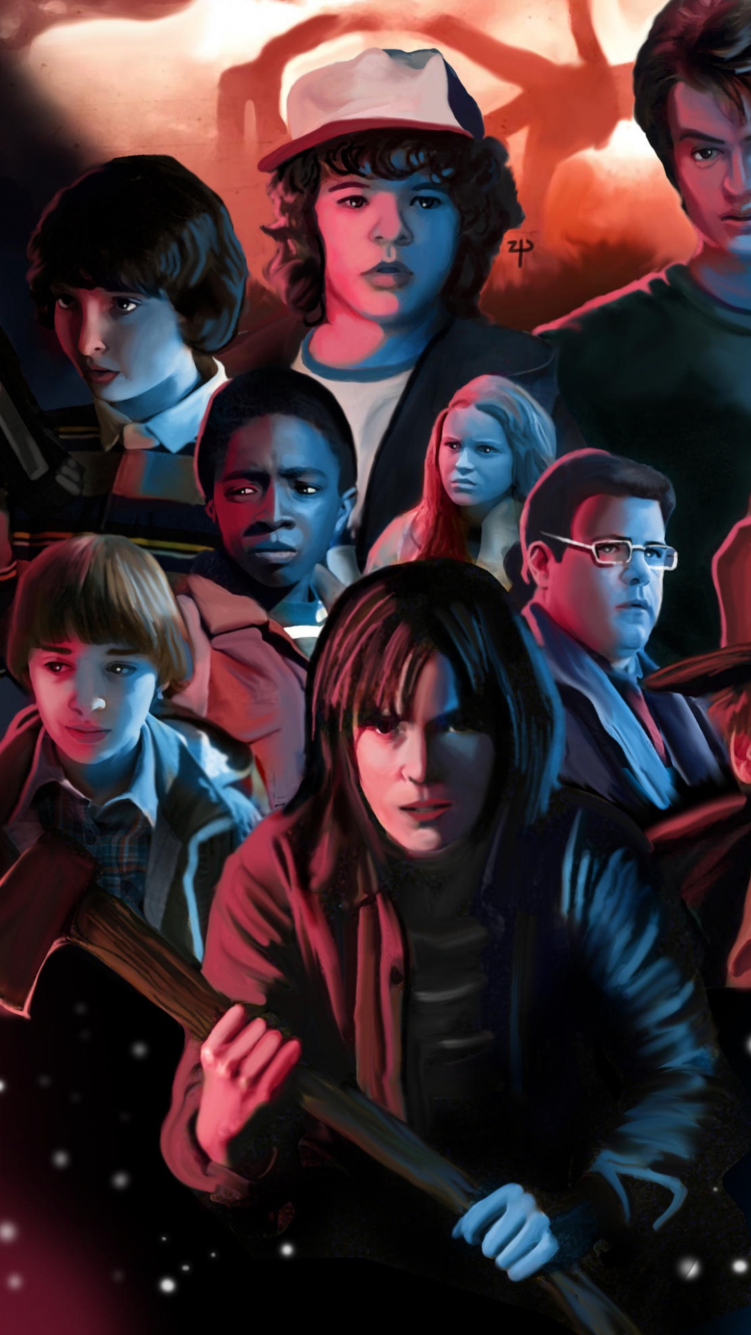 Обои Странные Вещи, Странные Вещи - Сезон 2, красный цвет, иллюстрация, команда в разрешении 1080x1920