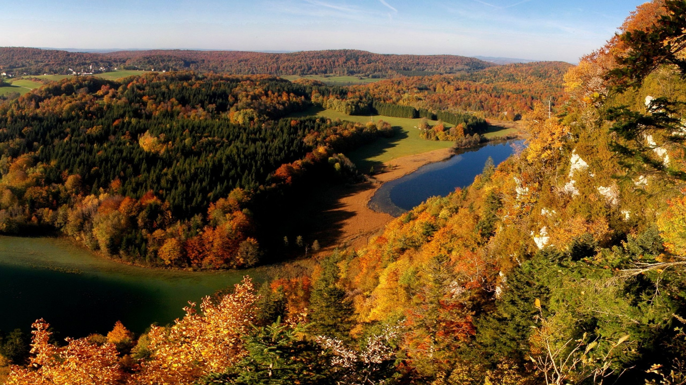 Обои природа, дикая местность, осень, река, водохранилище в разрешении 1366x768