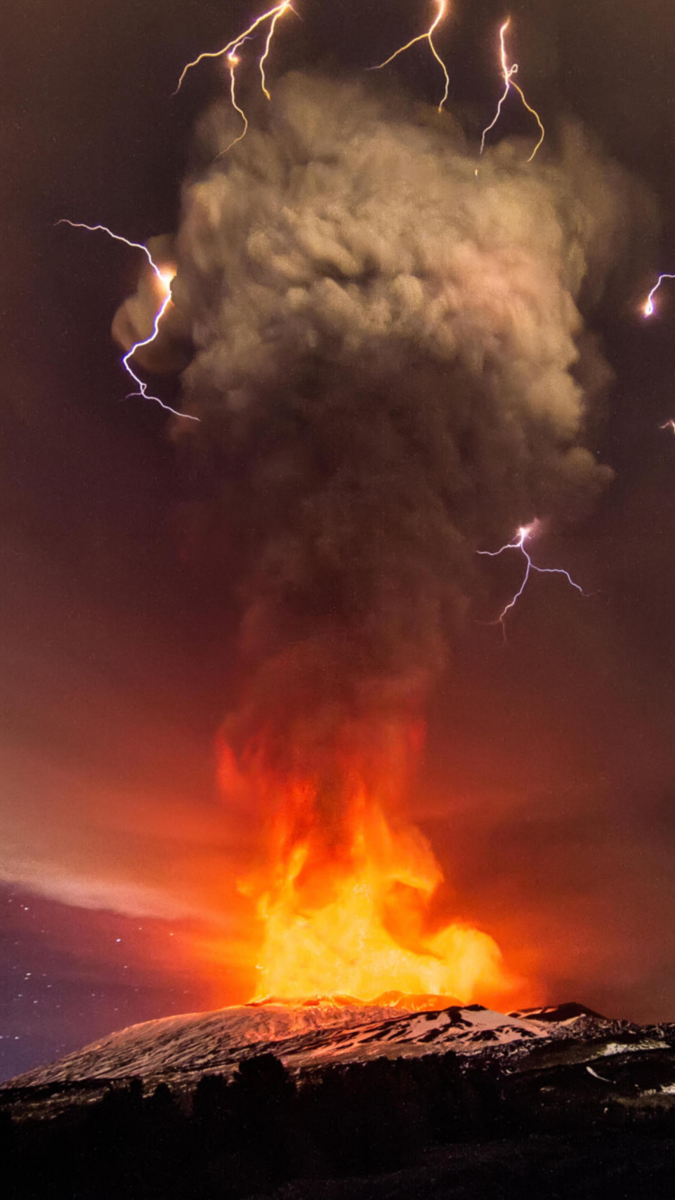 Обои Этна, вулкан, вулканический пепел, типы вулканических извержений, тепло в разрешении 750x1334
