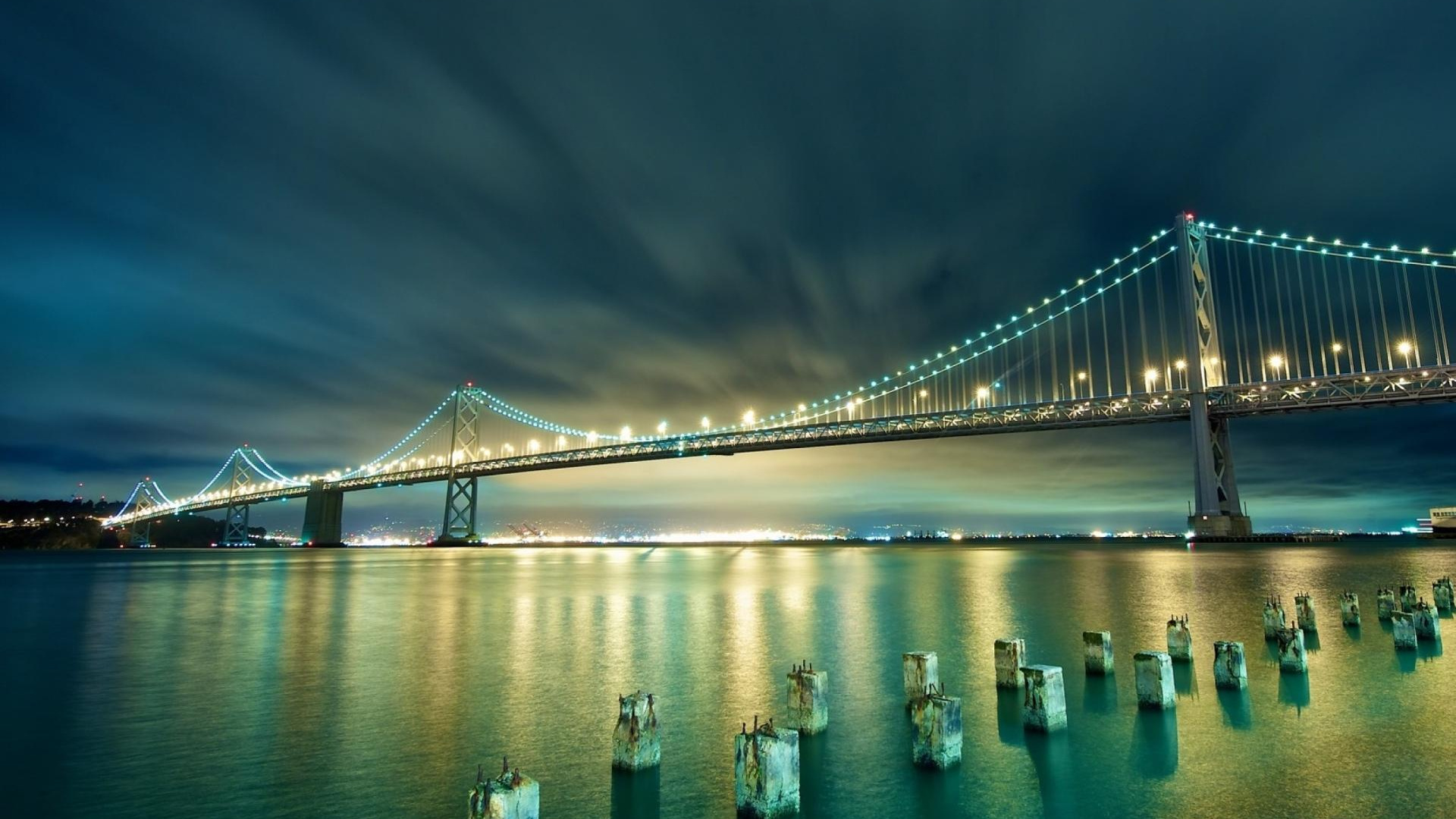 Обои мост, вантовый мост, вода, подвесной мост, ночь в разрешении 1920x1080