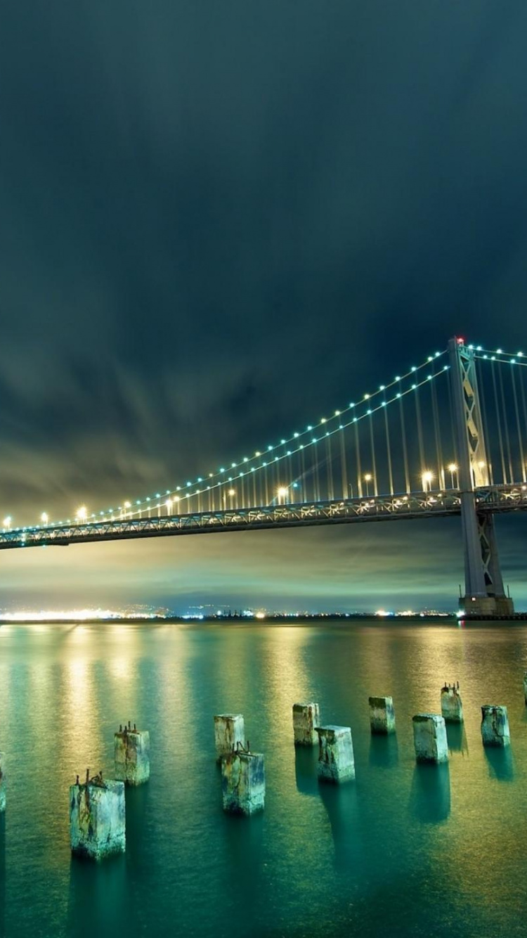 Обои мост, вантовый мост, вода, подвесной мост, ночь в разрешении 750x1334