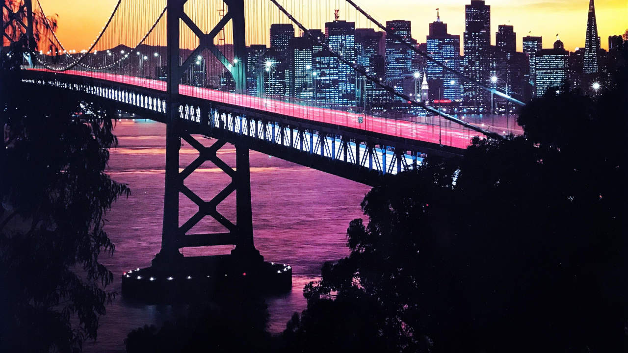 Обои Окленд Бэй Бридж, Сан Франциско, 1990-е годы, мост, подвесной мост в разрешении 1280x720