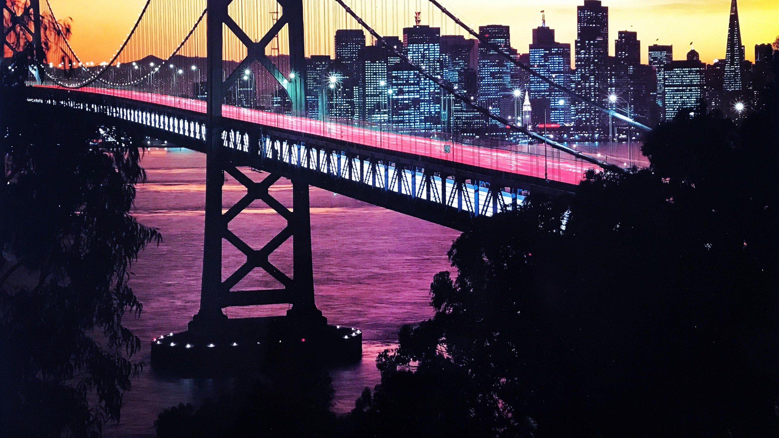 Обои Окленд Бэй Бридж, Сан Франциско, 1990-е годы, мост, подвесной мост в разрешении 2560x1440