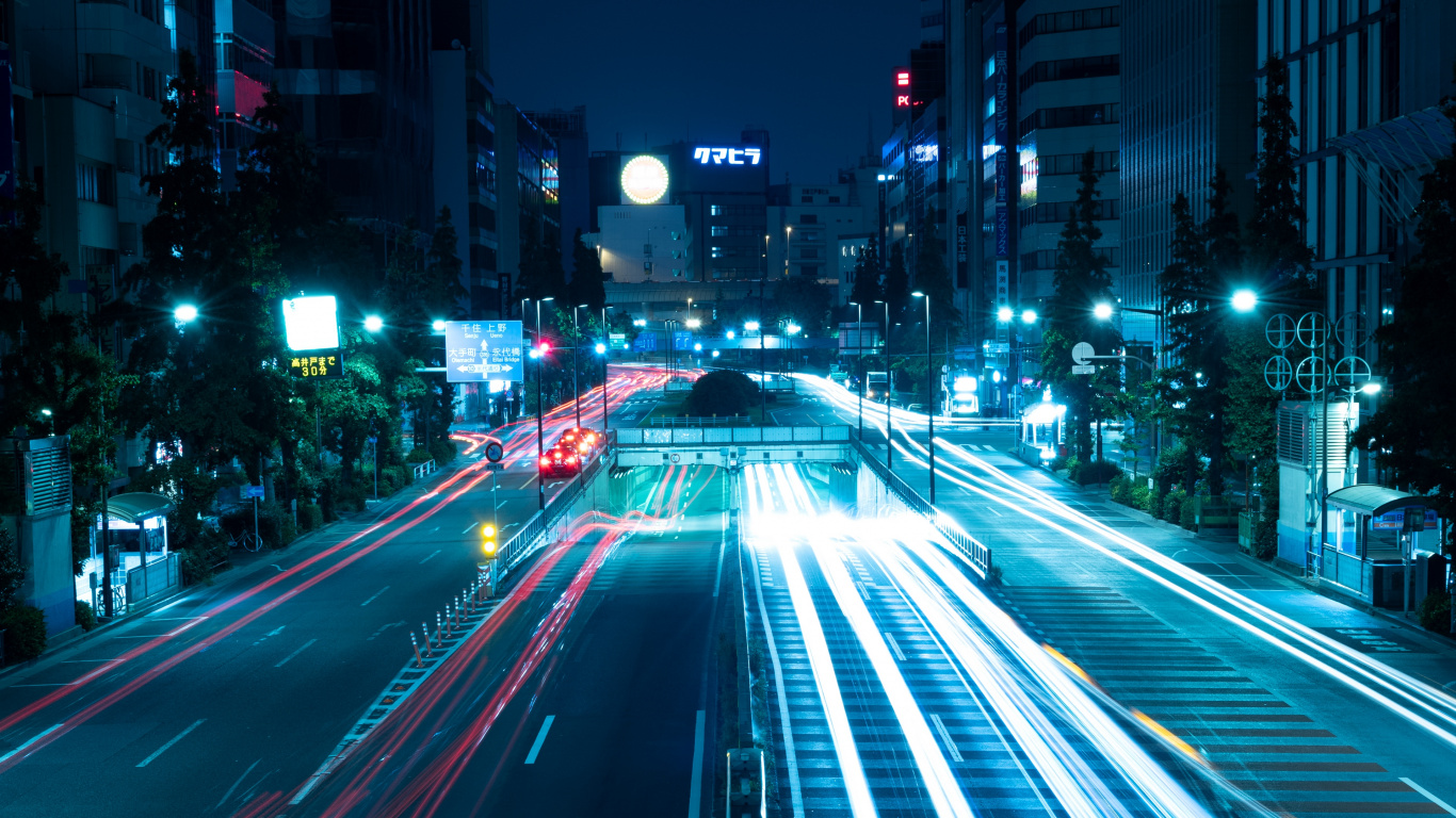 Обои ночь, дорога, город, городской район, метрополия в разрешении 1366x768