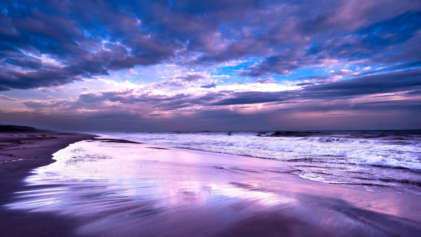 Обои океан, закат, море, водоем, горизонт в разрешении 1366x768