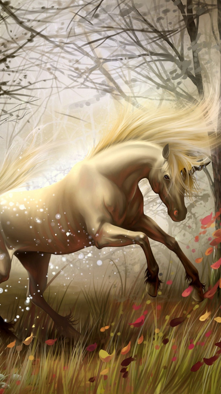 Обои единорог, живая природа, дерево, солнечный свет, лошадь в разрешении 750x1334