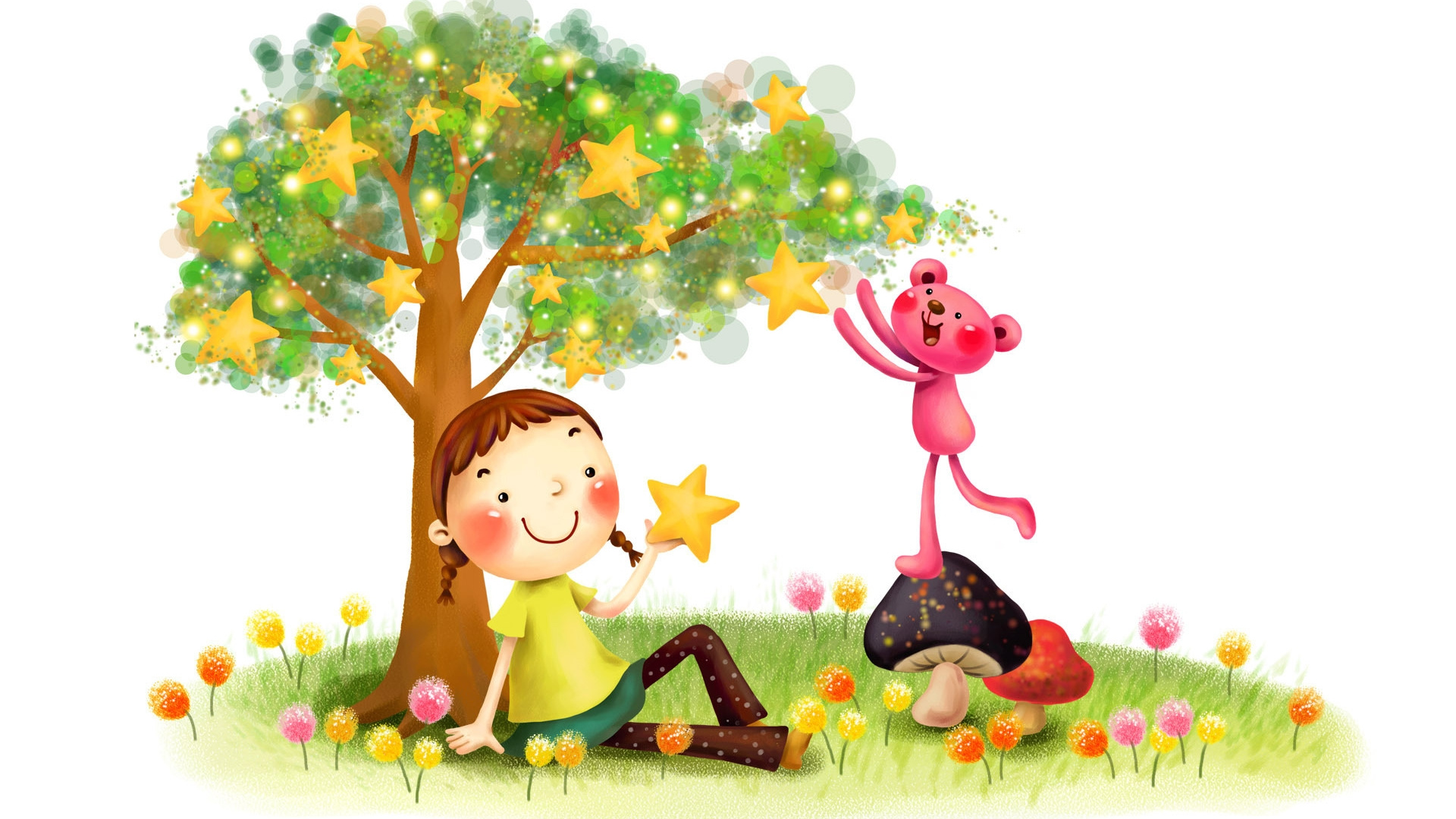 Обои иллюстрация, мультфильм, детство, дерево, Флора в разрешении 1920x1080