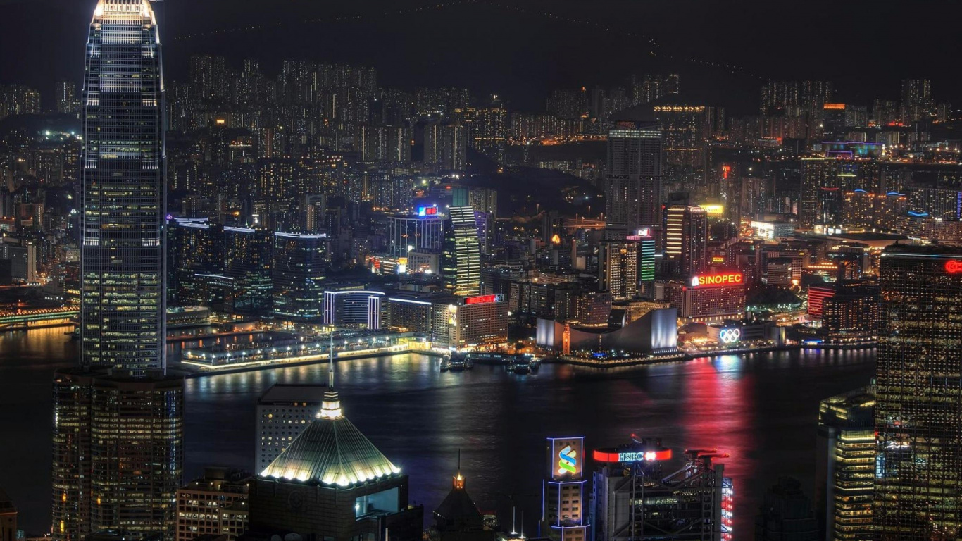 Обои городской пейзаж, город, метрополия, городской район, ночь в разрешении 1366x768