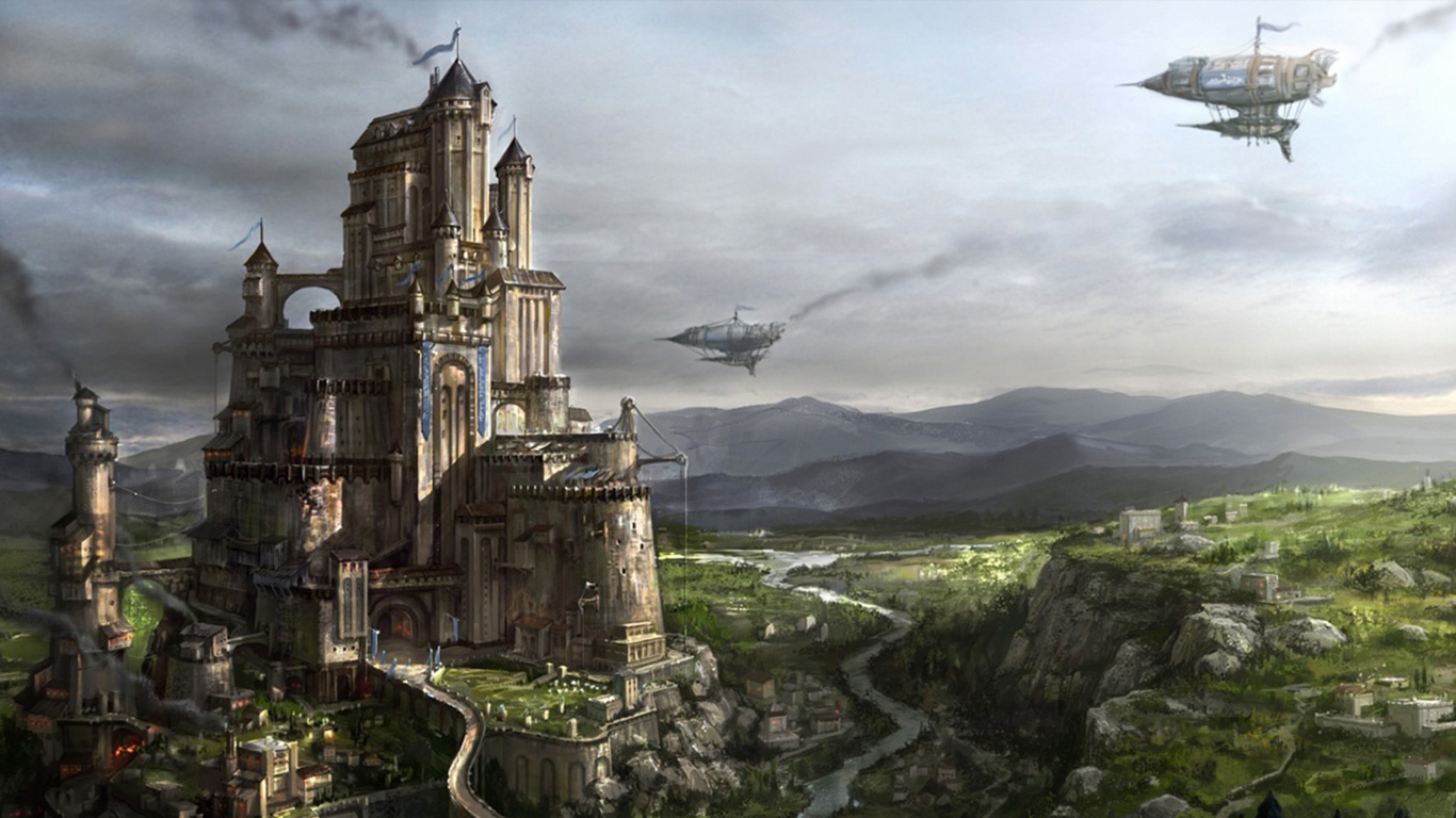Обои замок, фэнтези, здание, средневековая фантазия, концепт арт в разрешении 1366x768