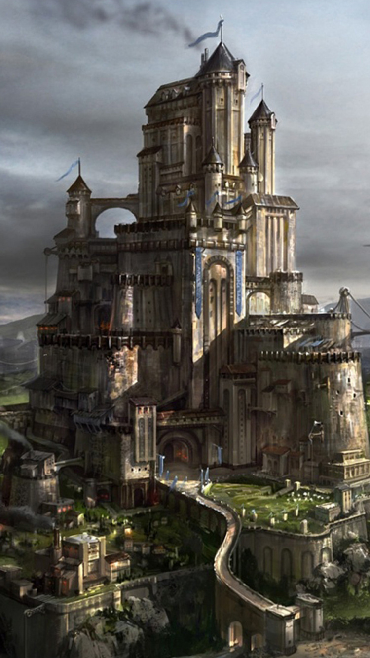 Обои замок, фэнтези, здание, средневековая фантазия, концепт арт в разрешении 750x1334