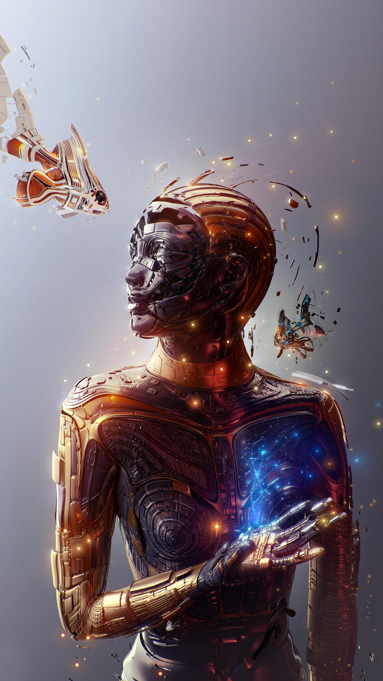 Обои освещение, скульптура, арт, статуя, сундук в разрешении 750x1334