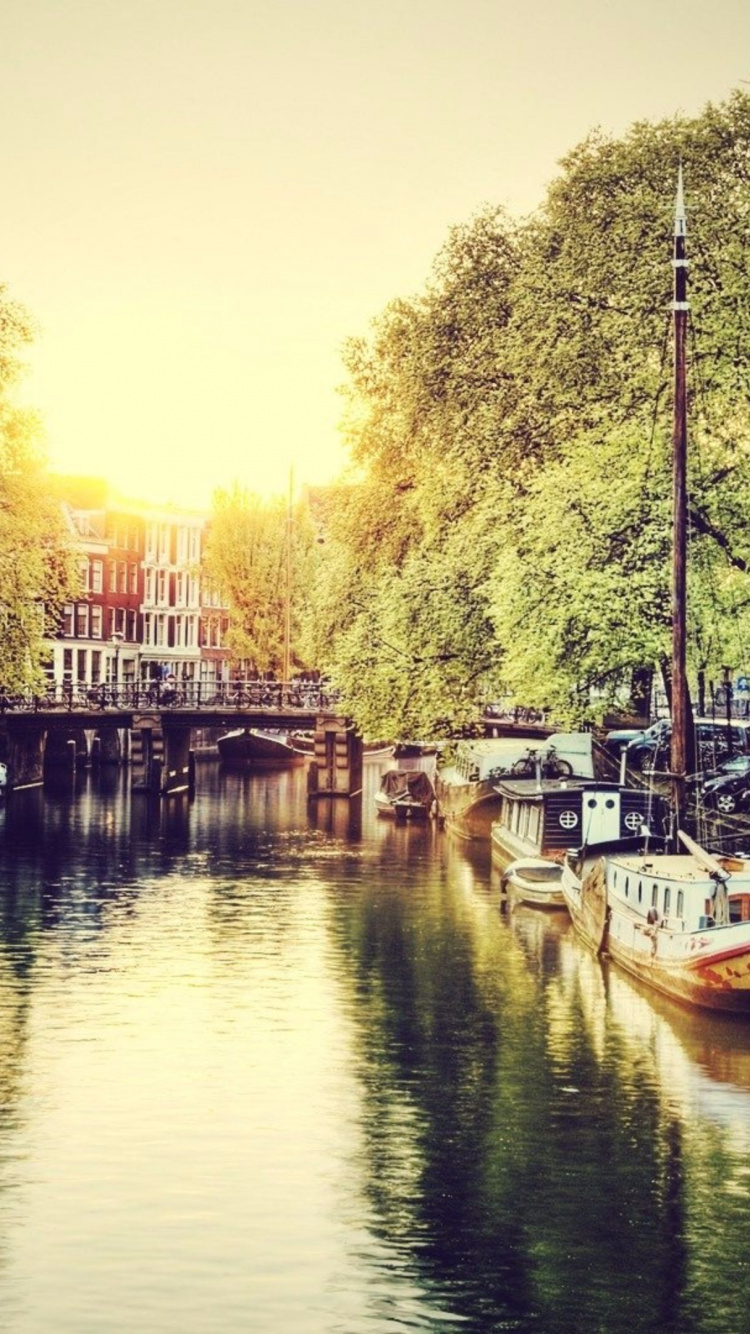 Обои Амстердам, канал, водоем, водный путь, вода в разрешении 750x1334